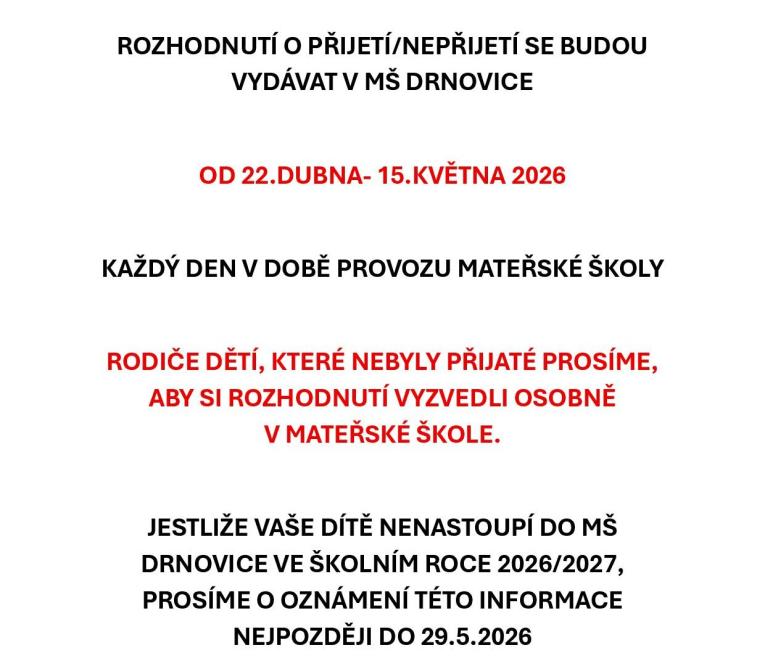 Informace pro&nbsp;přijaté/nepřijaté děti 2026/27